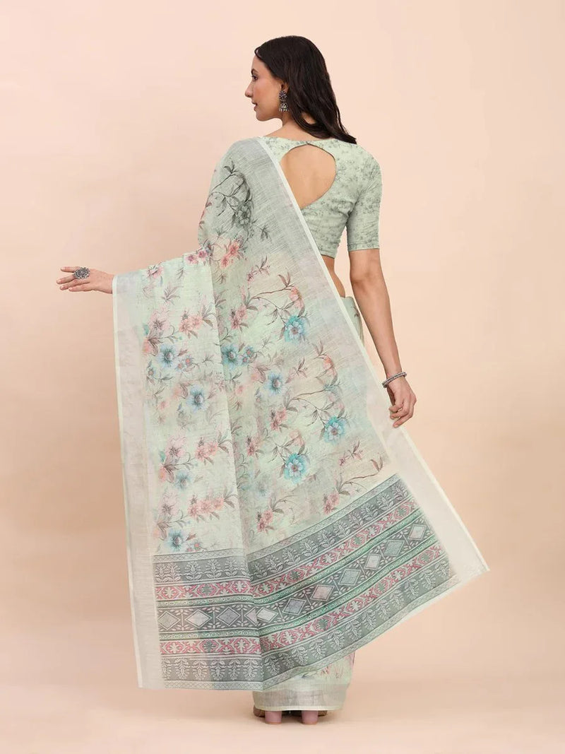 Light Green COTTON CRUSH Linen Cotton Saree with Blouse Piece - EZBER