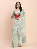 Light Green COTTON CRUSH Linen Cotton Saree with Blouse Piece - EZBER