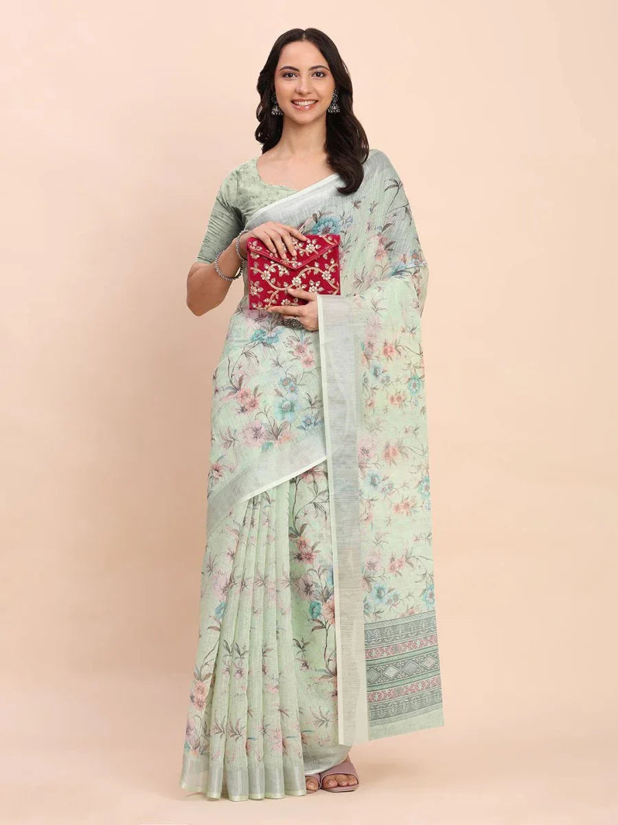 Light Green COTTON CRUSH Linen Cotton Saree with Blouse Piece - EZBER