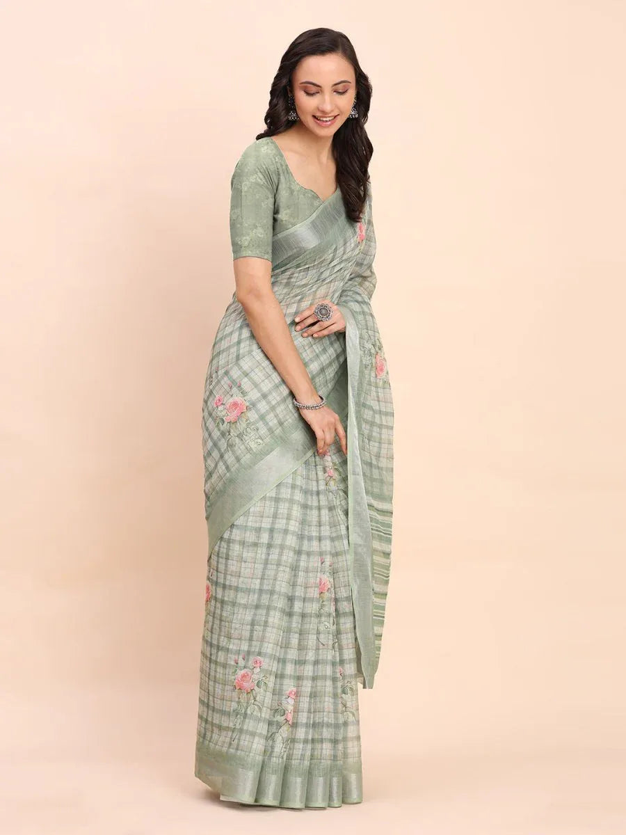 Light Green COTTON CRUSH Linen Cotton Saree with Blouse Piece - EZBER