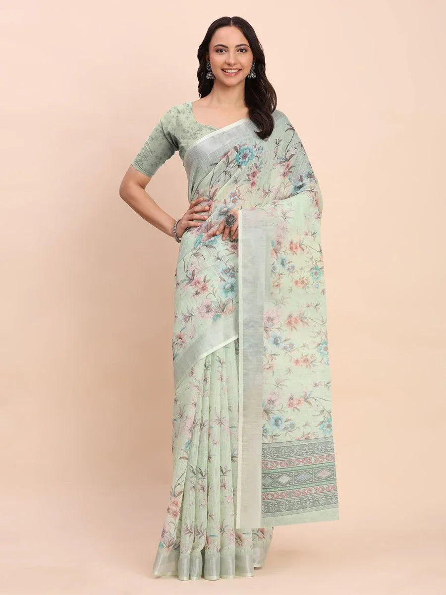 Light Green COTTON CRUSH Linen Cotton Saree with Blouse Piece - EZBER