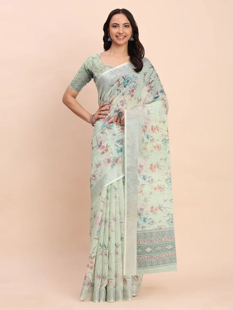 Light Green COTTON CRUSH Linen Cotton Saree with Blouse Piece - EZBER