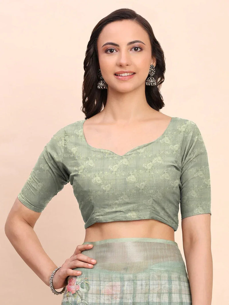 Light Green COTTON CRUSH Linen Cotton Saree with Blouse Piece - EZBER