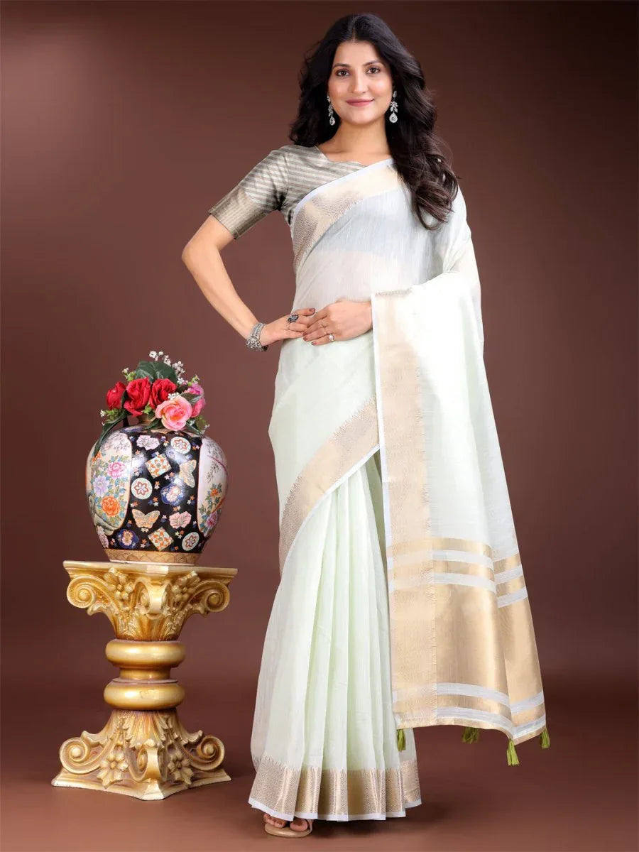 Light Green Cotton Saree With Blouse Piece - EZBER