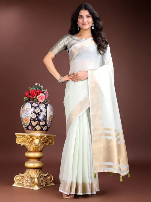 Light Green Cotton Saree With Blouse Piece - EZBER