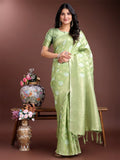 Light Green Cotton Saree With Blouse Piece - EZBER