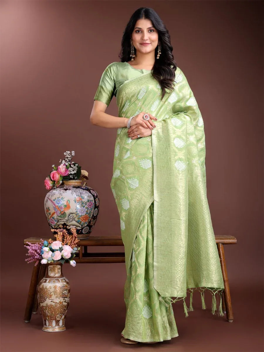 Light Green Cotton Saree With Blouse Piece - EZBER