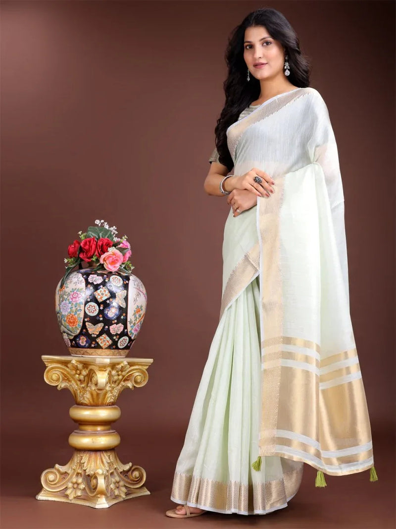 Light Green Cotton Saree With Blouse Piece - EZBER