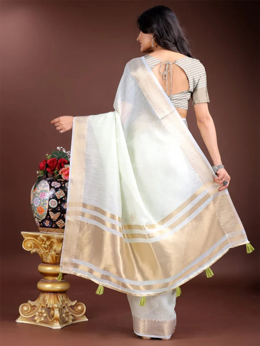 Light Green Cotton Saree With Blouse Piece - EZBER