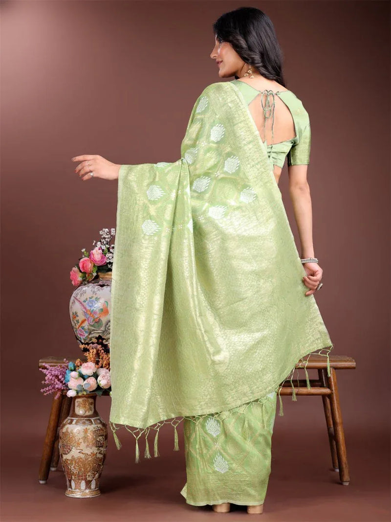 Light Green Cotton Saree With Blouse Piece - EZBER