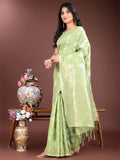 Light Green Cotton Saree With Blouse Piece - EZBER