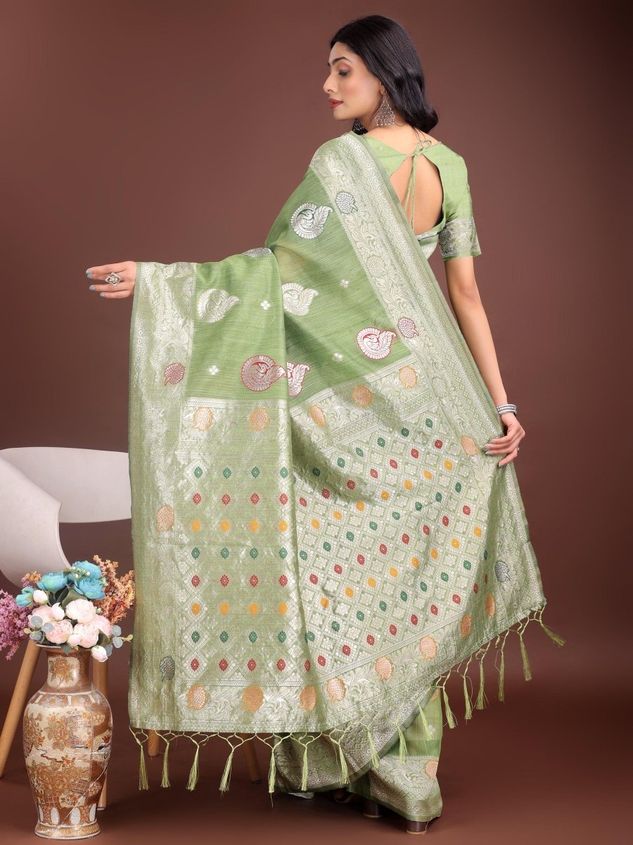 Light Green Linen Cotton Brocade Saree | EZB SI04 ASBUL1004 - EZBER