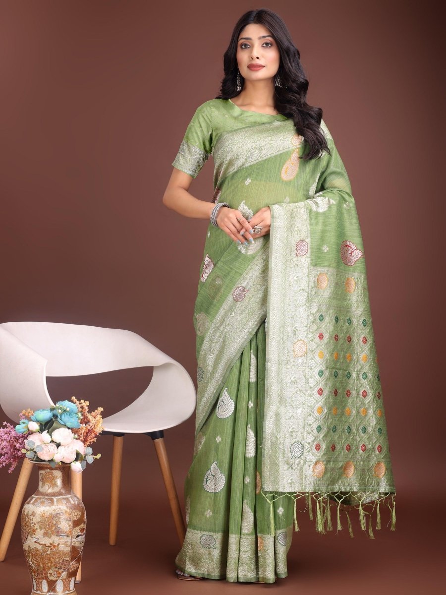 Light Green Linen Cotton Brocade Saree | EZB SI04 ASBUL1004 - EZBER