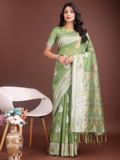 Light Green Linen Cotton Brocade Saree | EZB SI04 ASBUL1004 - EZBER