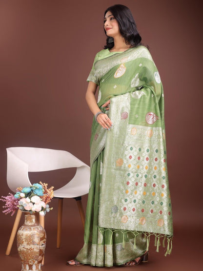 Light Green Linen Cotton Brocade Saree | EZB SI04 ASBUL1004 - EZBER