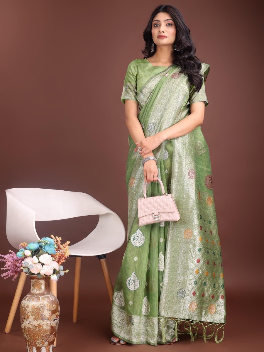 Light Green Linen Cotton Brocade Saree | EZB SI04 ASBUL1004 - EZBER