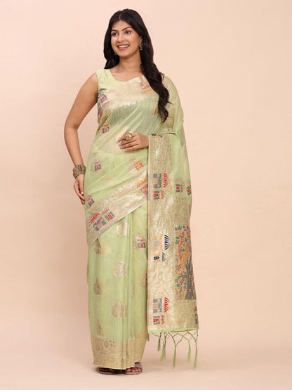 Light Green Linen Cotton Brocade Saree | EZB SI04 ASLIS1004 - EZBER