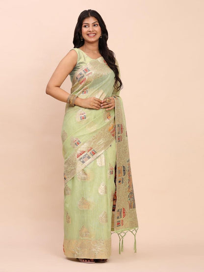 Light Green Linen Cotton Brocade Saree | EZB SI04 ASLIS1004 - EZBER