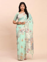 Light Green Linen Cotton Brocade Saree | EZB SI04 ASLIS1004
