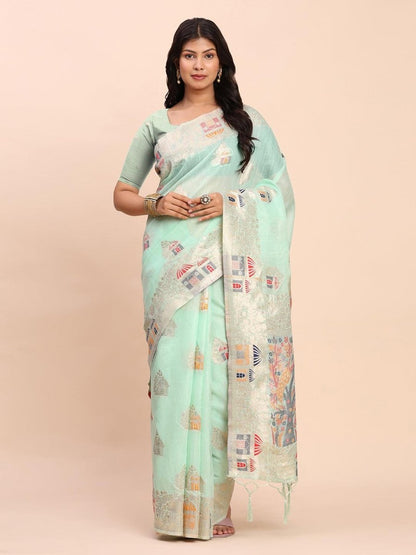 Light Green Linen Cotton Brocade Saree | EZB SI04 ASLIS1004 - EZBER