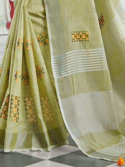 Light Green Linen Cotton Handloom Saree | EZB SI04 SGAMY24005 - EZBER