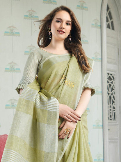 Light Green Linen Cotton Handloom Saree | EZB SI04 SGAMY24005 - EZBER