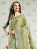 Light Green Linen Cotton Handloom Saree | EZB SI04 SGAMY24005 - EZBER