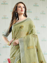 Light Green Linen Cotton Handloom Saree | EZB SI04 SGAMY24005
