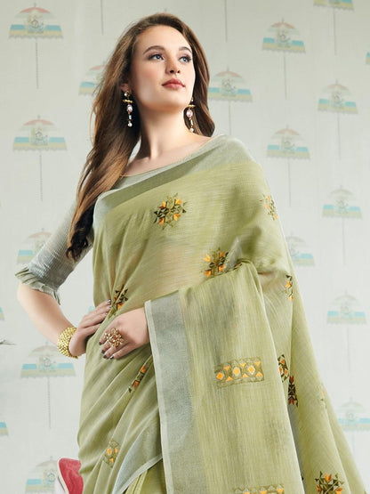 Light Green Linen Cotton Handloom Saree | EZB SI04 SGAMY24005 - EZBER