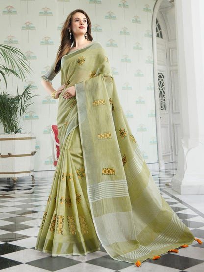 Light Green Linen Cotton Handloom Saree | EZB SI04 SGAMY24005 - EZBER