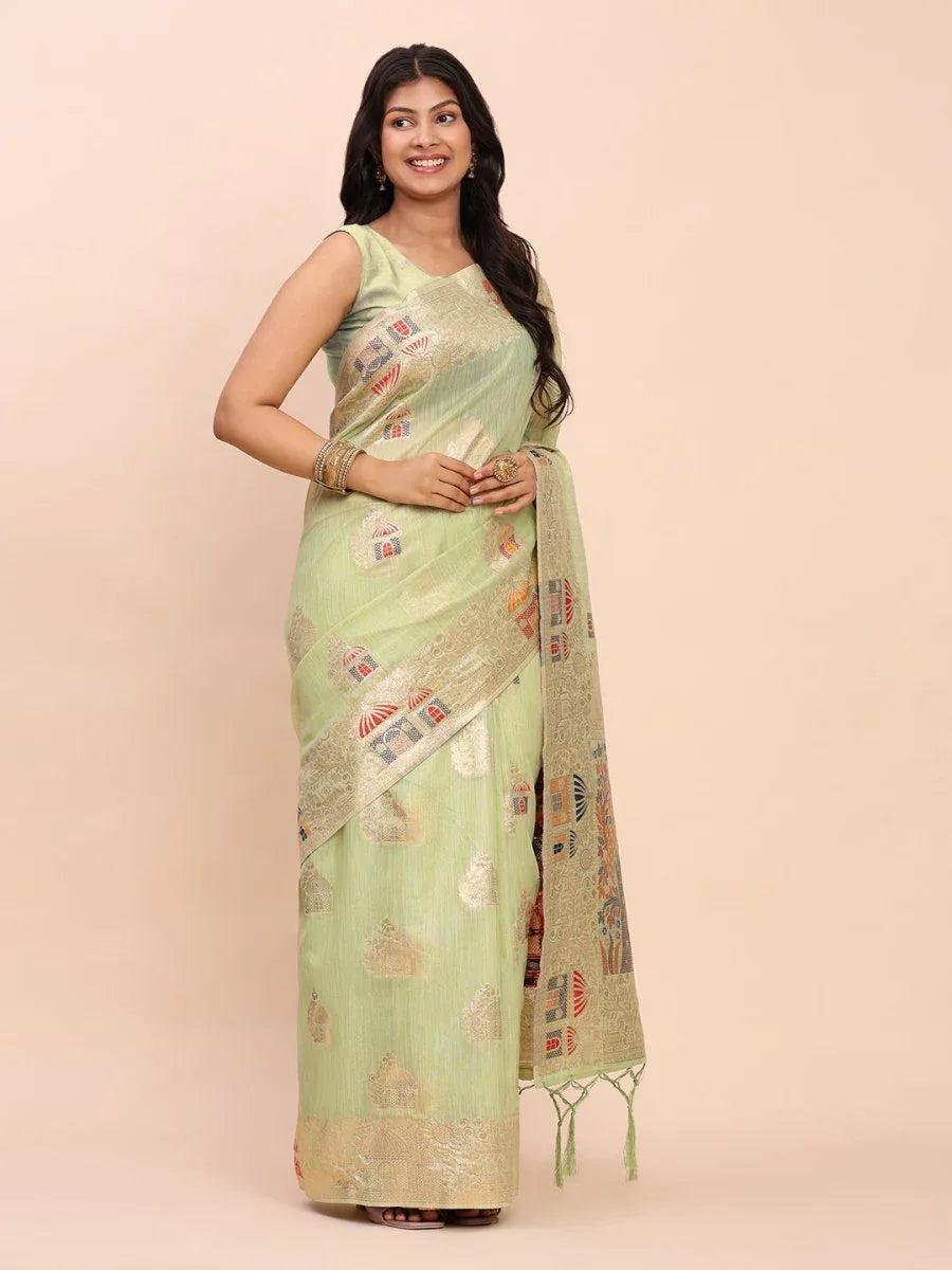 Light Green LINEN COTTON Saree With Blouse Piece - EZBER