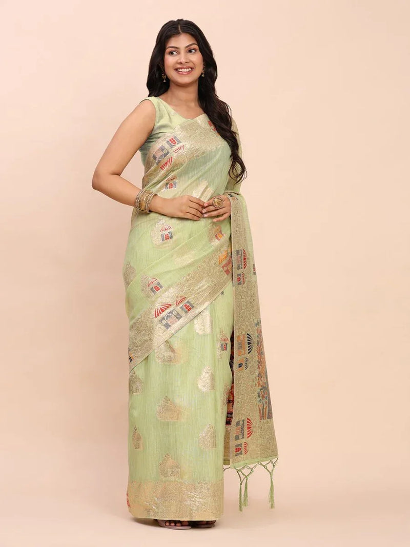 Light Green LINEN COTTON Saree With Blouse Piece - EZBER