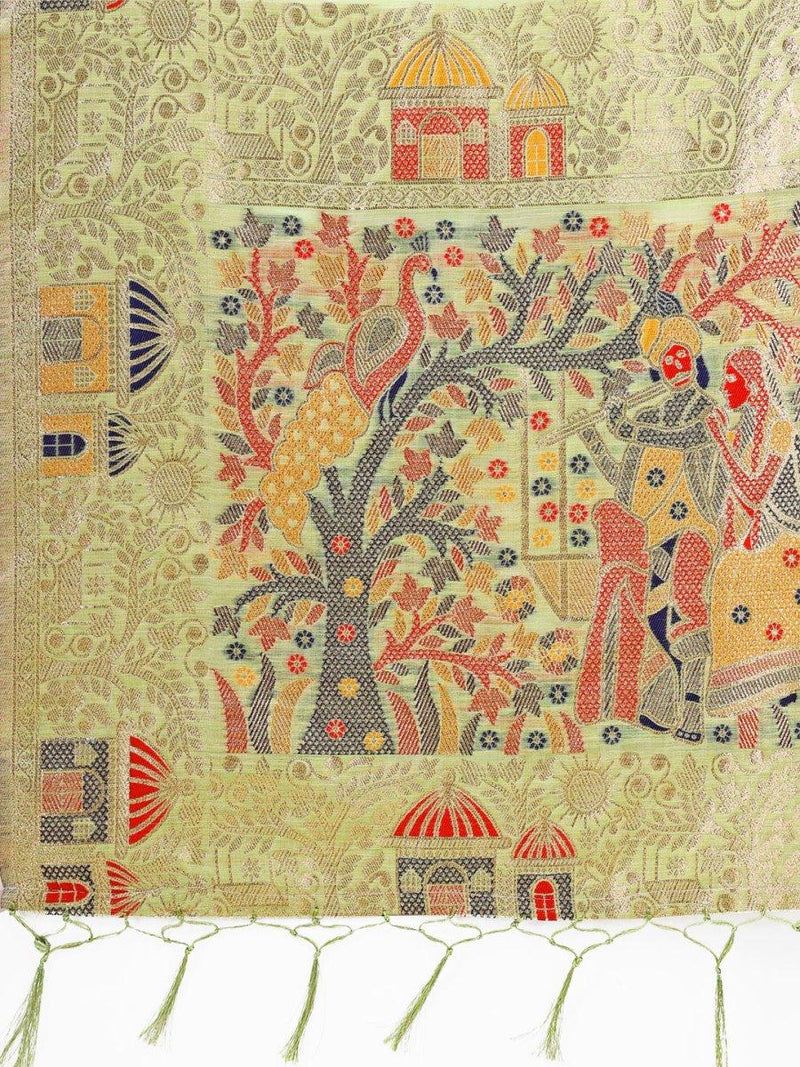 Light Green Linen Cotton Saree With Blouse Piece - EZBER