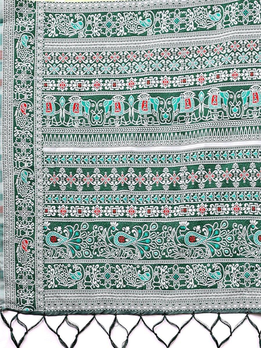 Light Green Linen Cotton Saree With Blouse Piece - EZBER