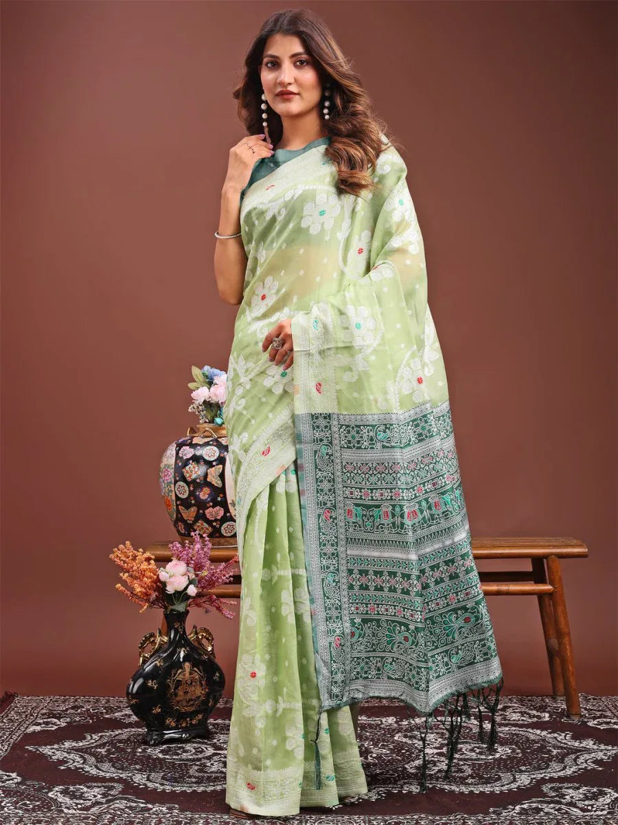 Light Green Linen Cotton Saree With Blouse Piece - EZBER
