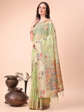 Light Green Linen Cotton Saree With Blouse Piece - EZBER