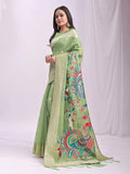 Light Green Linen Cotton Saree With Blouse Piece - EZBER