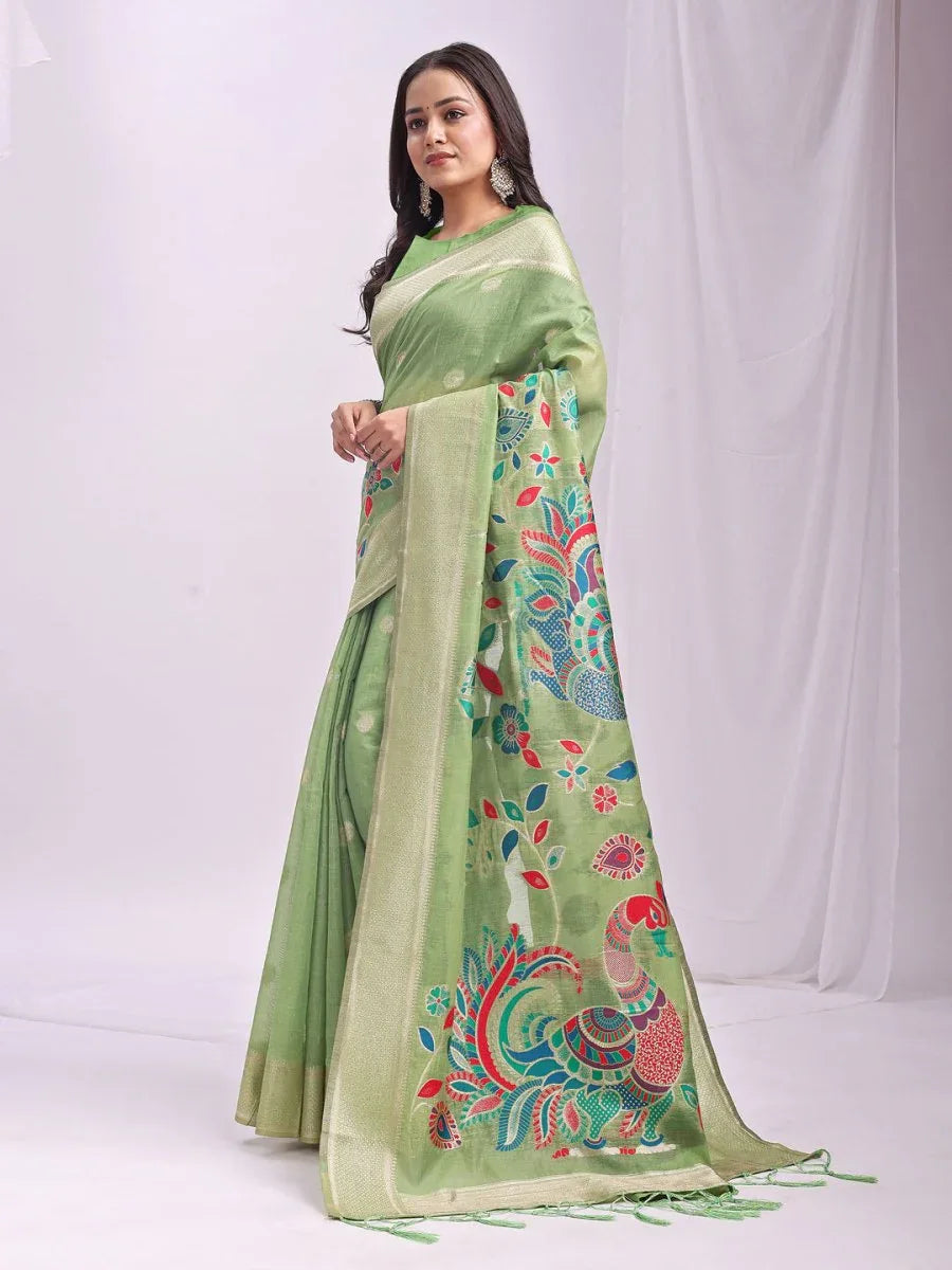 Light Green Linen Cotton Saree With Blouse Piece - EZBER