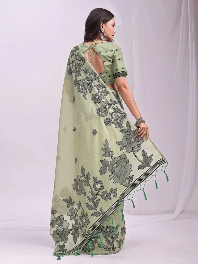 Light Green Linen Cotton Saree With Blouse Piece - EZBER