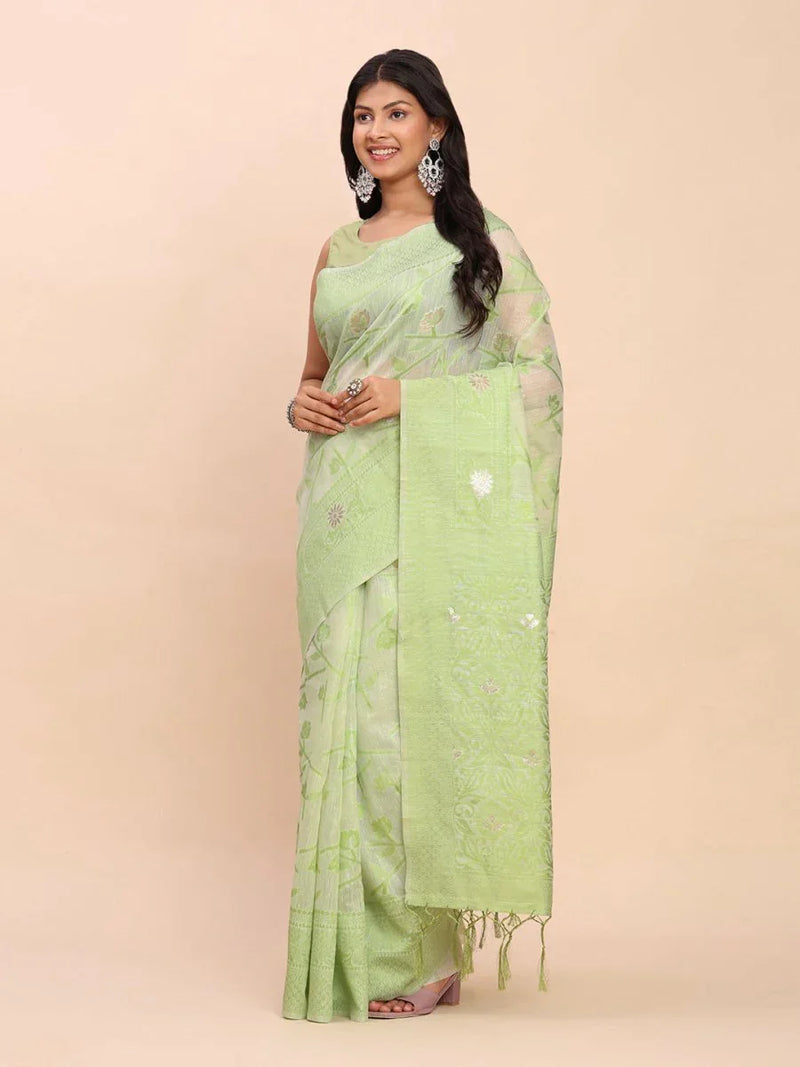 Light Green Linen Cotton Saree With Blouse Piece - EZBER
