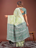 Light Green Linen Cotton Saree With Blouse Piece - EZBER