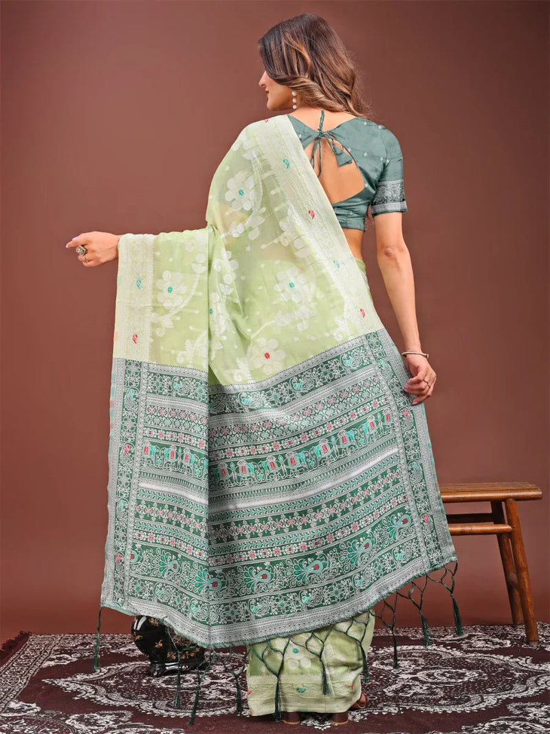 Light Green Linen Cotton Saree With Blouse Piece - EZBER