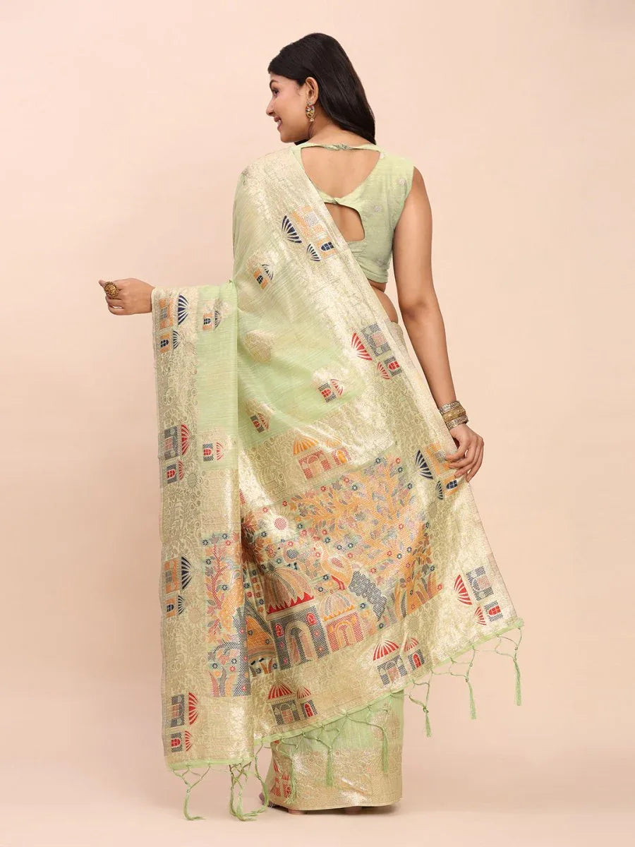 Light Green LINEN COTTON Saree With Blouse Piece - EZBER