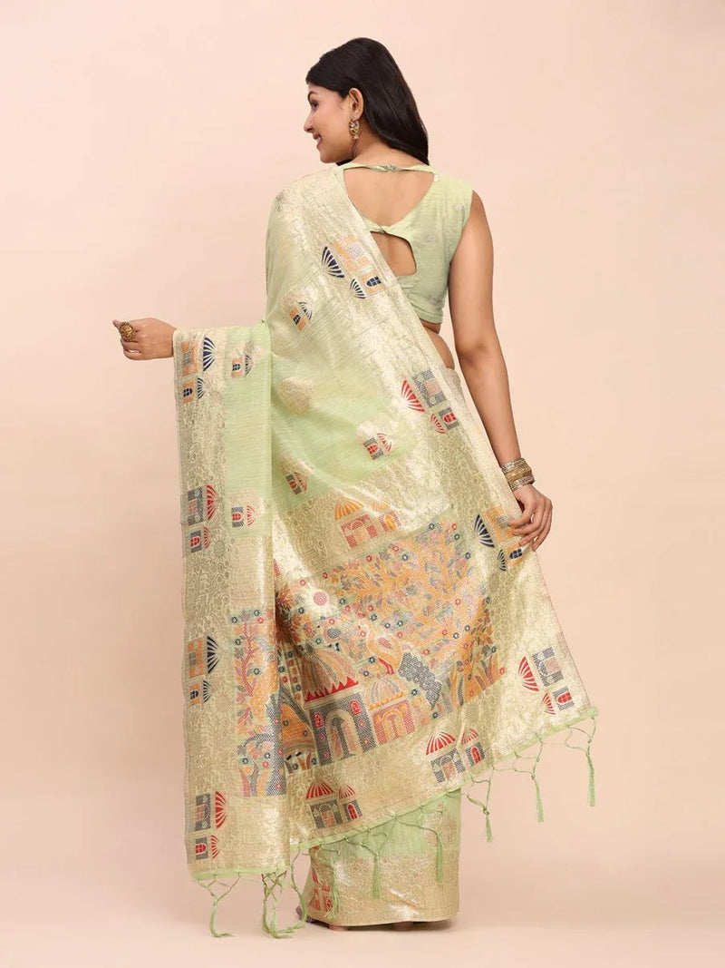 Light Green LINEN COTTON Saree With Blouse Piece - EZBER
