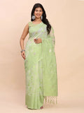 Light Green Linen Cotton Saree With Blouse Piece - EZBER