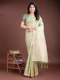 Light Green Linen Cotton Saree With Blouse Piece - EZBER