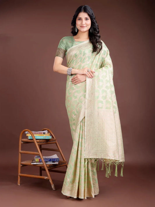 Light Green Linen Cotton Saree With Blouse Piece - EZBER