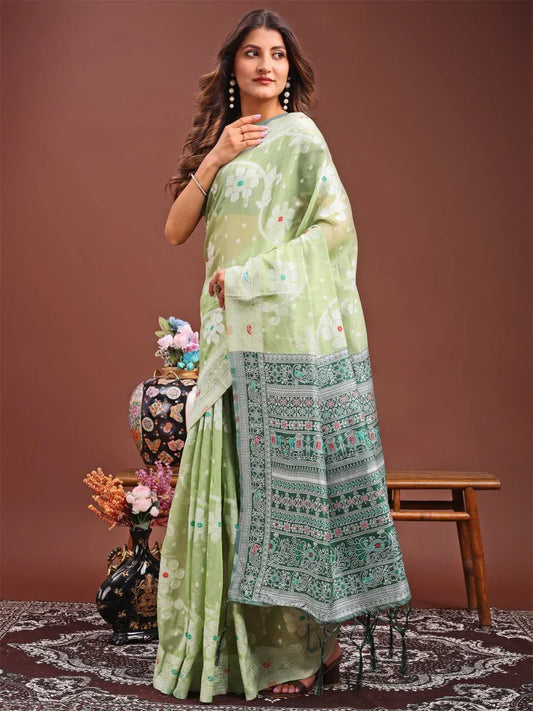 Light Green Linen Cotton Saree With Blouse Piece - EZBER