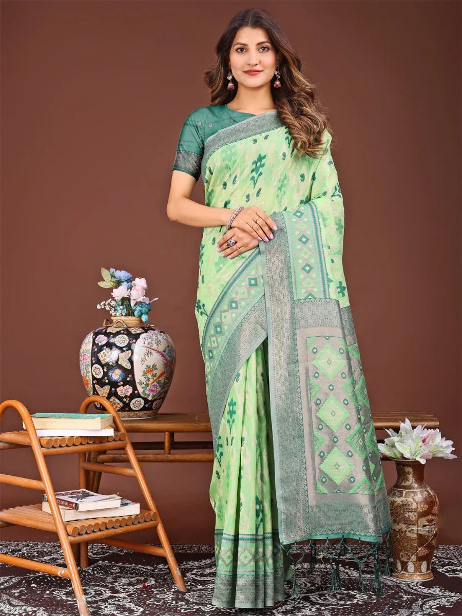 Light Green Linen Cotton Saree With Blouse Piece - EZBER