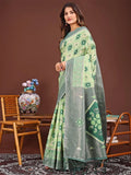 Light Green Linen Cotton Saree With Blouse Piece - EZBER